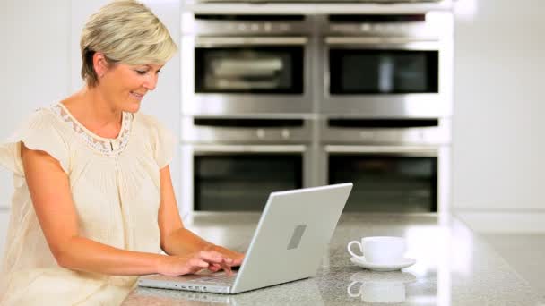 Reife Dame mit Laptop mit Erfolg online — Stockvideo