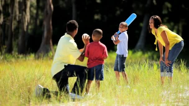 Aktive ethnische Familie spielt Baseball im Park — Stockvideo