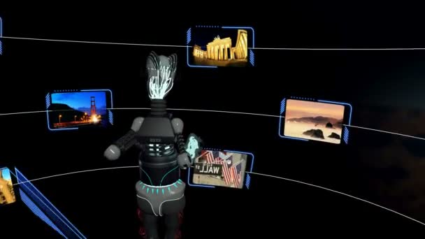 3D Robot Accessing Travel Destination Touchscreen — Stock Video