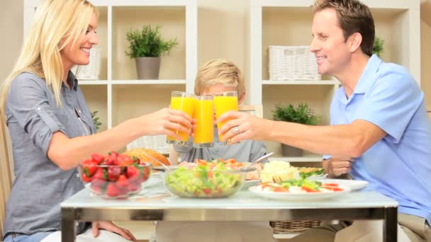 Jonge Kaukasische familie samen eten van gezonde lunch — Stockvideo