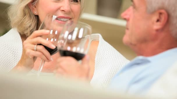 Adultos mayores felices y relajados disfrutando de una copa de vino — Vídeos de Stock