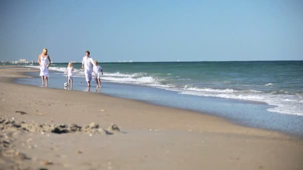 Familia feliz persiguiendo una pelota en la playa — Vídeos de Stock