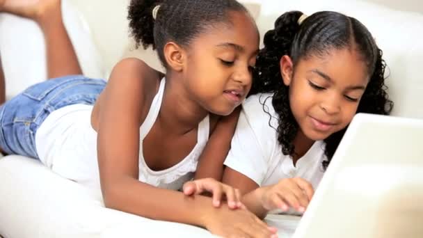 Little Ethnic Girls Playing on Laptop — Stock Video