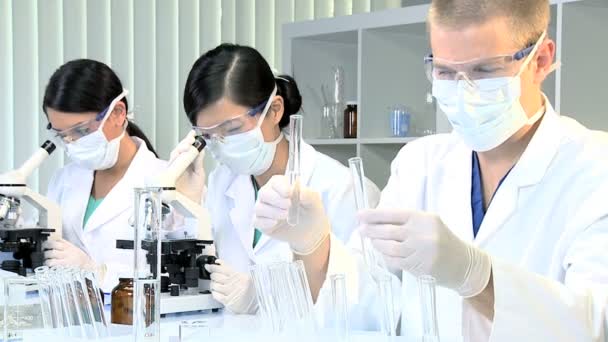 Drie jonge artsen studeren in ziekenhuis laboratorium — Stockvideo