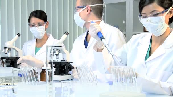 Üç öğrenci doktor hastane laboratuarında çalışan — Stok video