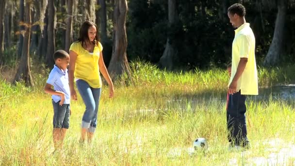 Молода сім'я вбиває м'яч у парку — стокове відео