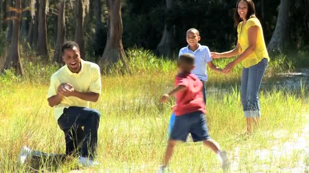 Ethnischer Vater bringt kleinem Sohn Baseball bei — Stockvideo