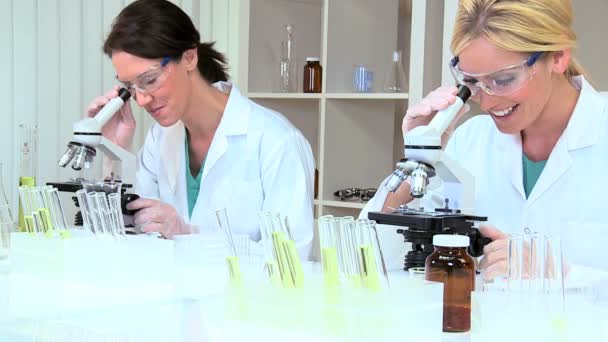 Женщины-медицинские исследователи в лаборатории — стоковое видео