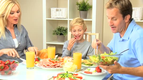Junge kaukasische Familie teilt gesundes Mittagessen — Stockvideo