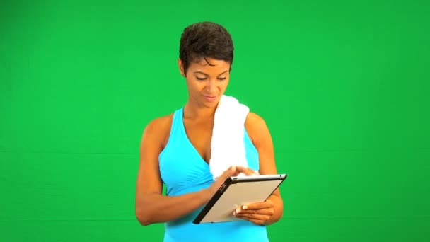 Ethnic Female Wireless Tablet Green Screen Fitness — Stock Video