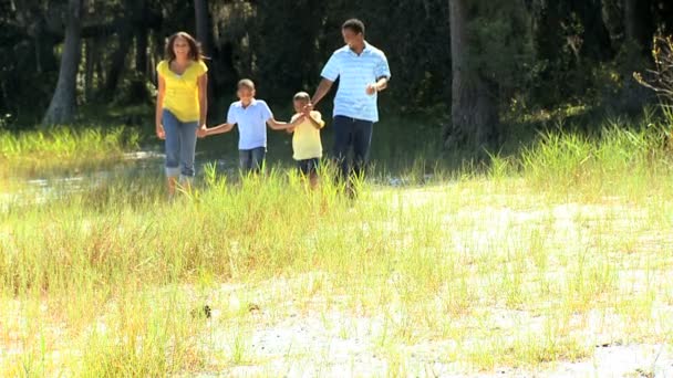 Familia étnica joven caminando por Parkland — Vídeos de Stock