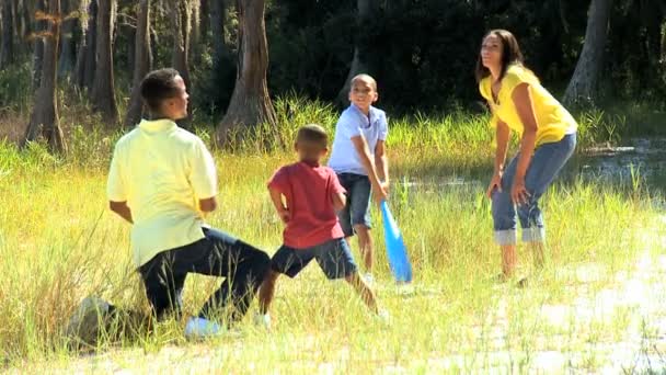 Jeune famille afro-américaine jouant au baseball dans le parc — Video