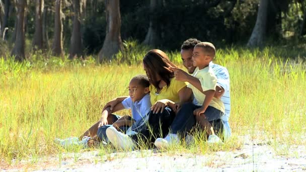 Portret van etnische en gelukkige familie in park — Stockvideo