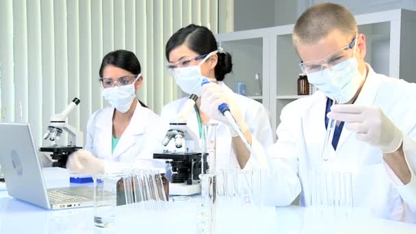 Student läkarna studerar i sjukhuset laboratorium — Stockvideo