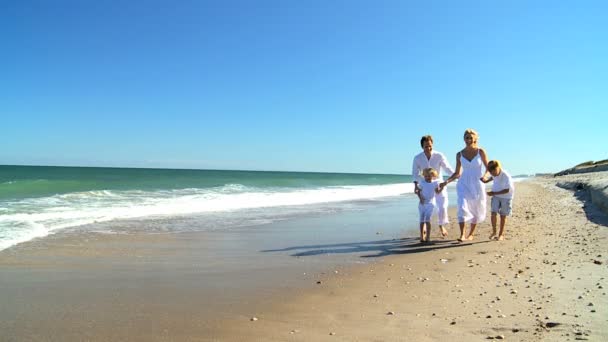 沙滩上散步的白种人家庭幸福 — 图库视频影像