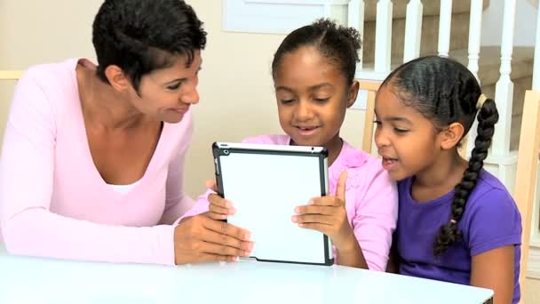 African American Mother and Daughters with Wireless Tablet — Stock Video