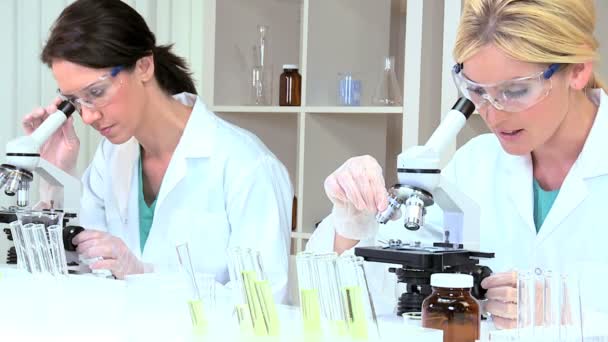 Asystenci kobiet badania w laboratorium szpitala — Wideo stockowe