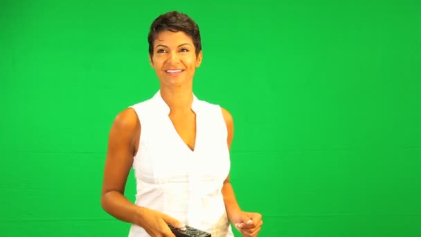 Remote Control Green Screen Ethnic Business Female — Stock Video