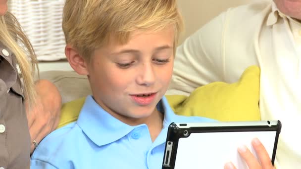 Little Caucasian Boy Using Wireless Tablet at Home — Stock Video