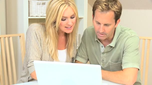 Приваблива пара щаслива зі своїм фінансовим плануванням — стокове відео