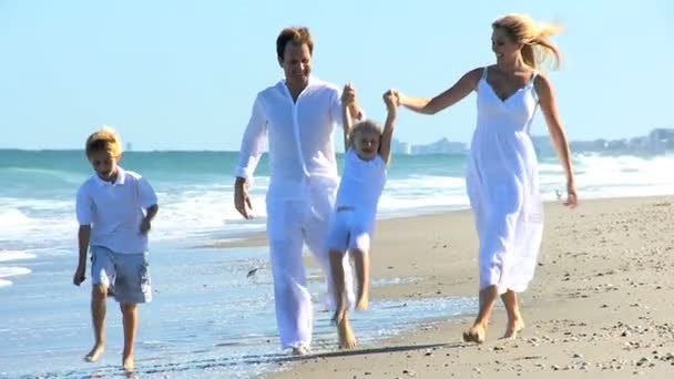 ビーチのライフ スタイルを楽しんでいる家族の白人のグループ — ストック動画