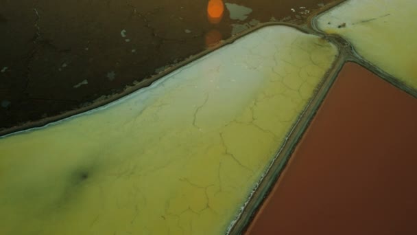 Aerial view of salt ponds showing colours of algae — Stock Video