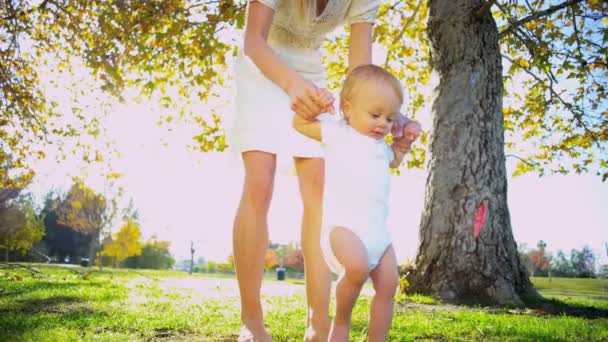 Baby beoefenen eerste stappen — Stockvideo