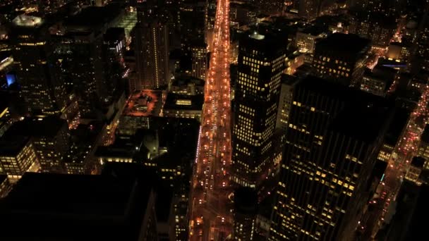 Aerial night illuminated view of city skyscrapers, USA — Stock Video