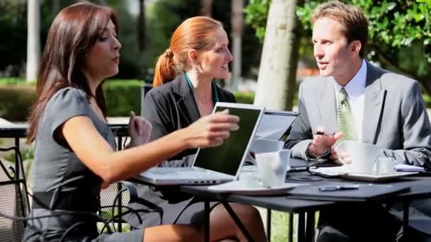 City Business Colleagues Drinking Coffee Outdoors — Stock Video