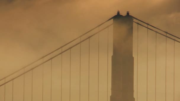 Turm auf goldener Torbrücke im Nebel — Stockvideo