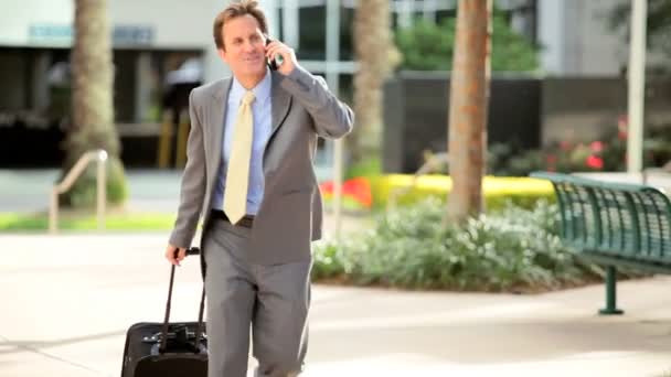 Homme d'affaires sur téléphone intelligent avec bagages de voyage — Video