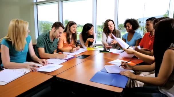 Studenten in de klas met leraar — Stockvideo