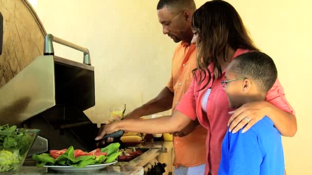 Οικογένεια μαγείρεμα γεύμα για το μπάρμπεκιου — Αρχείο Βίντεο