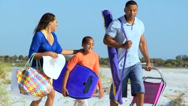 Familia divirtiéndose en la playa — Vídeos de Stock