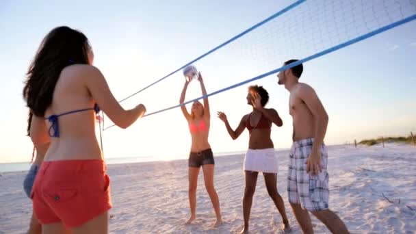 Друзья играют в волейбол на пляже — стоковое видео