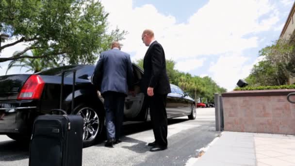 Business advisers getting into limousine — Stock Video