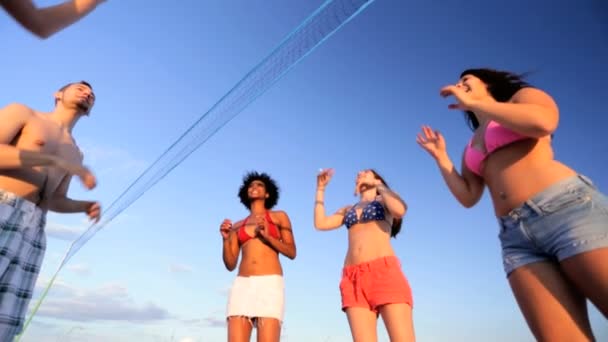 Freunde spielen am Strand Volleyball — Stockvideo
