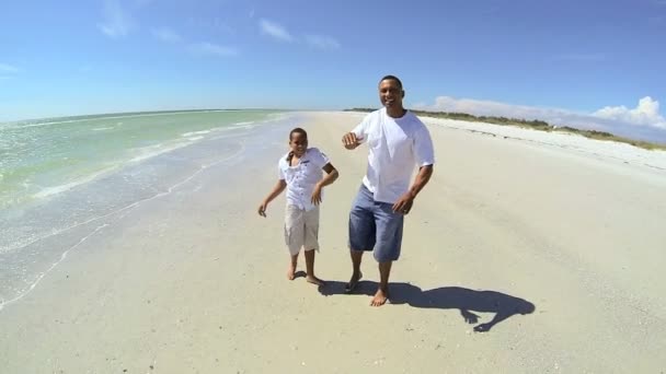父亲和儿子在海滩上 — 图库视频影像