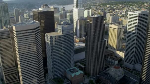 Αεροφωτογραφία στο κέντρο της πόλης κέντρο columbia Σιάτλ και Σιάτλ Δημοτικό Πύργος, ΗΠΑ — Αρχείο Βίντεο