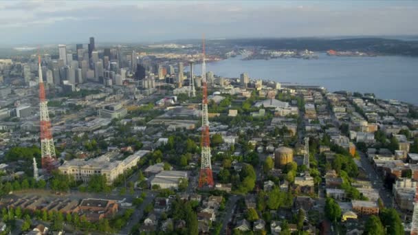 Luchtfoto Space Needle downtown Seattle, Verenigde Staten — Stockvideo