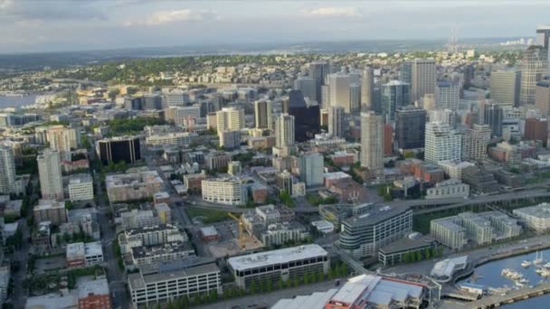 Aerial coastal view Downtown Seattle Business Center — Stock Video