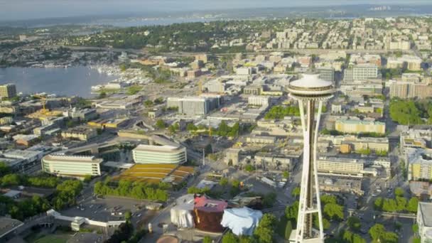 Aerial view Space Needle Seattle residential suburbs — Stock Video