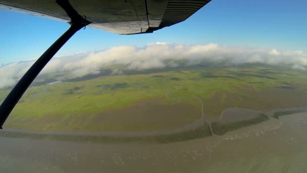 Flygfoto över floden smälta vatten swampland öknen landskap från lätta flygplan, Alaska, Usa — Stockvideo