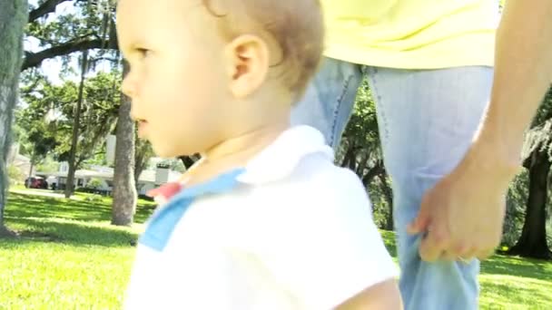 Lindo poco caucásico chico hacer primero pasos en al aire libre parque — Vídeos de Stock