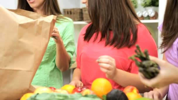 Mamá e hijas desempacando bolsas — Vídeos de Stock