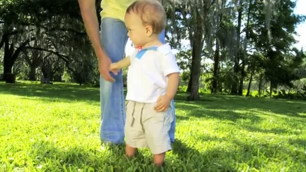 Glad liten kaukasiska pojke i parken — Stockvideo