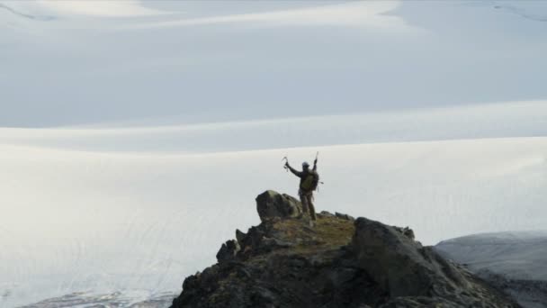 凯旋登山者在山的顶峰 — 图库视频影像