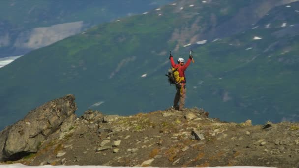 Ορειβάτης επίτευξη τις φιλοδοξίες του στην κορυφή — Αρχείο Βίντεο
