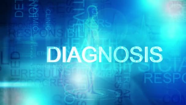 3D fly through medical healthcare text words blue rotating figure background — Stock Video