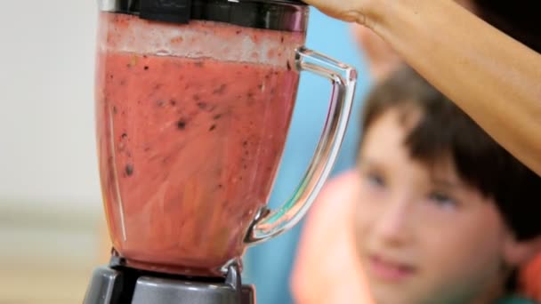 Familie gebruikend fruit in de blender — Stockvideo